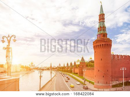 Kremlyovskaya embankment in Moscow with Beklemishevskaya Tower on the foreground