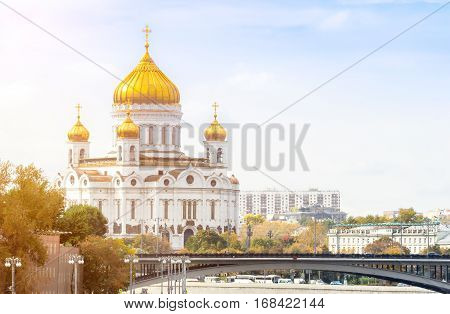 Cathedral of Christ the Saviour in Moscow with Patriarshy Bridge on the foreground