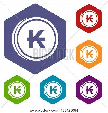 Coins lao kip icons set rhombus in different colors isolated on white background