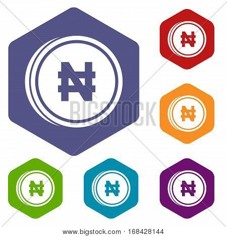 Coin naira icons set rhombus in different colors isolated on white background
