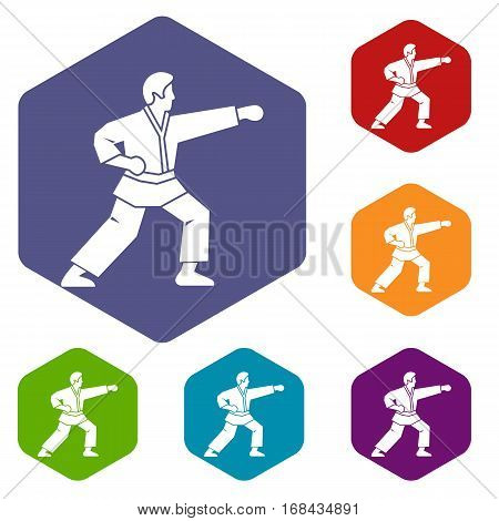 Aikido fighter icons set rhombus in different colors isolated on white background