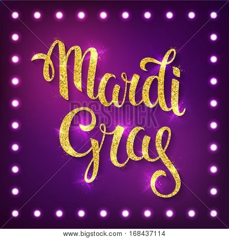 Mardi gras logo. Vector greeting card with golden hand drawn lettering and shining beads