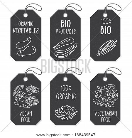 Set of tags or label templates with hand drawn vegetable. Vector design elements for agriculture and food industry