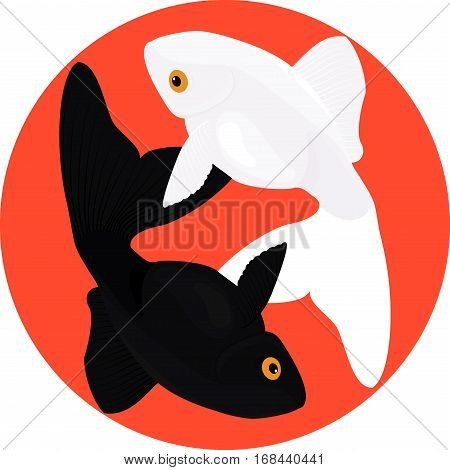 Zodiac Pisces. Black and white fish on red, symbol of yin and yang