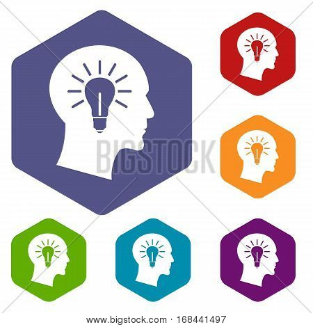 Light bulb inside head icons set rhombus in different colors isolated on white background