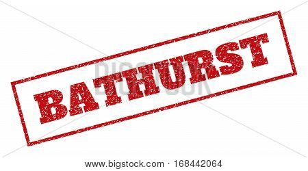 Red rubber seal stamp with Bathurst text. Vector tag inside rectangular banner. Grunge design and dirty texture for watermark labels. Inclined sign.