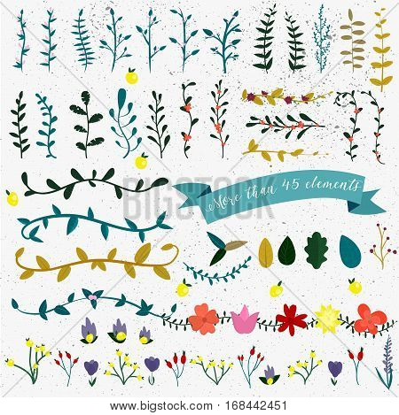 Vector floral big set. Colorful flower collection with leaves. Spring or summer design for invitation wedding or greeting cards. Vintage flowers isolated on white.