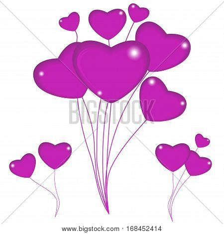 Group of pink balloon hearts on strings. Happy valentines day. Vector illustration.
