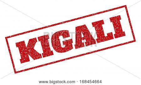 Red rubber seal stamp with Kigali text. Vector tag inside rectangular banner. Grunge design and dirty texture for watermark labels. Inclined sign.