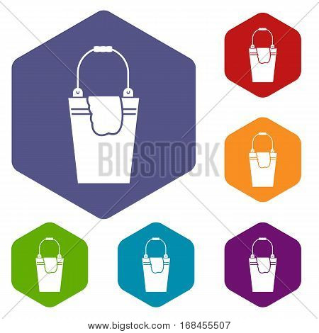 Bucket and rag icons set rhombus in different colors isolated on white background