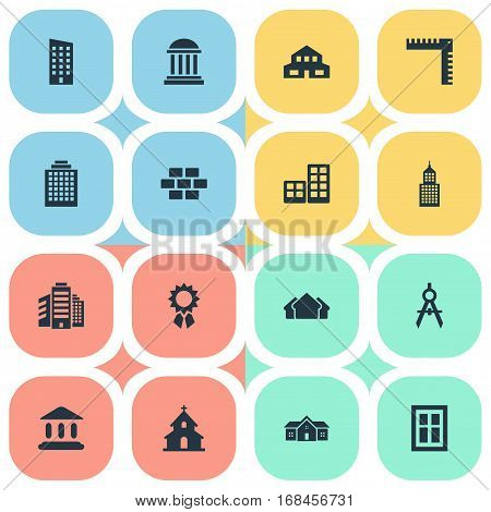Set Of 16 Simple Architecture Icons. Can Be Found Such Elements As Residential, Flat, Engineer Tool And Other.