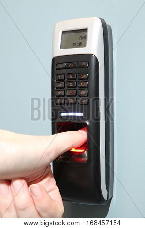 Finger scan security for entry server room. An Fingerprint machine server safety