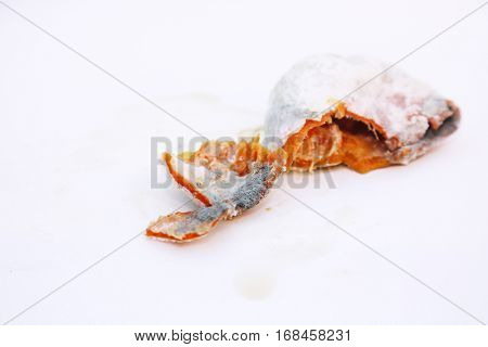 An orange in Decomposition with Peniccilum Digitaum mold. isolated on white with room for your text. Basic information text included which can easily be removed and replaced or used as is.