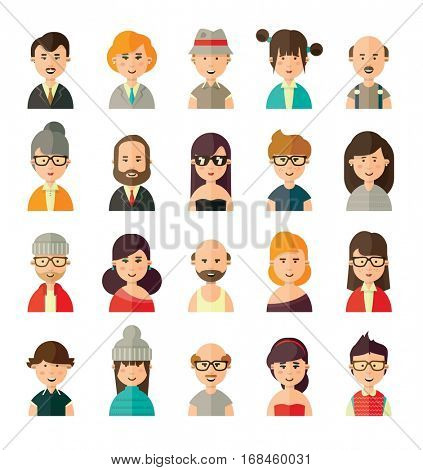 Collection of different avatars in flat style of young, old, female and male people