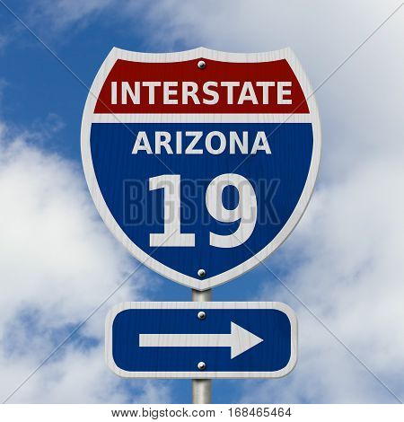 USA Interstate 19 highway sign Red white and blue interstate highway road sign with number 19 with sky background 3D Illustration
