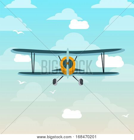 Biplane airplane fly sky cartoon retro flat illustration vector stock