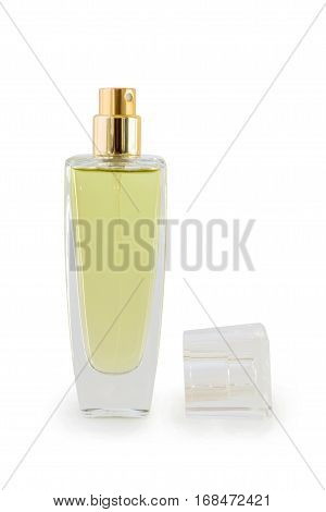 Glass perfume bottle with cap on white background