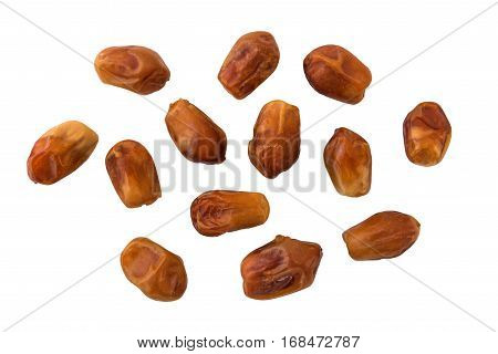 Thirteen dried juicy dates on white background