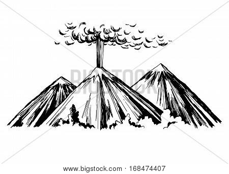 Eruption. Three mountains. Vector sketch freehand drawing