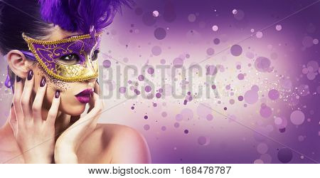 Paarty Woman Swearing Golden Mask On Light Backgound