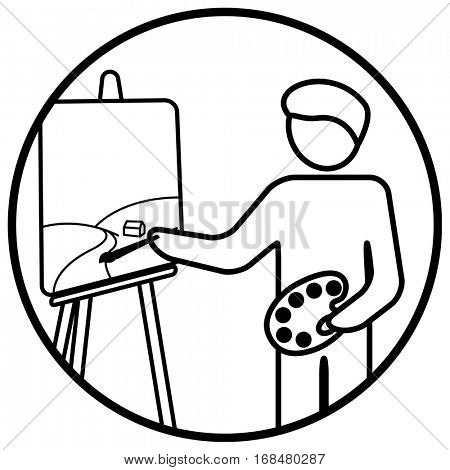 Painter working on his masterpiece. Linear vector illustration