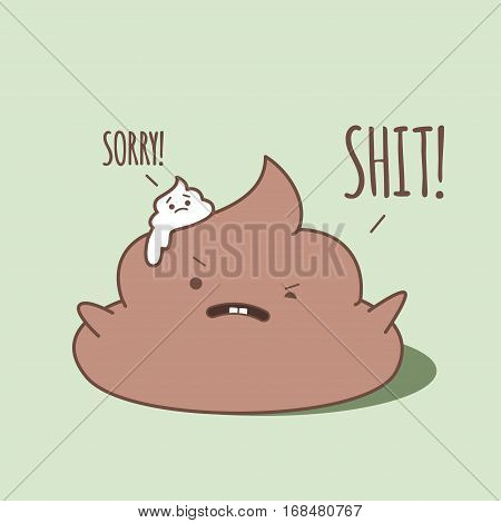 Small kawaii bird's poop is laying on the pile of shit and says Sorry. The big one is not happy about it. Vector cartoon illustration. Isolated on green background.