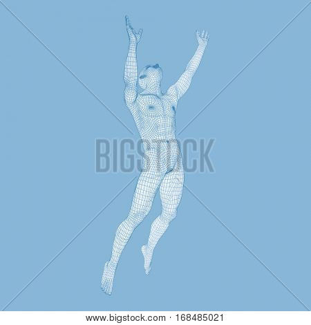 Silhouette of a Jumping Man. 3D Model of Man. Geometric Design. Polygonal Covering Skin. Human Body Wire Model. Vector Illustration.