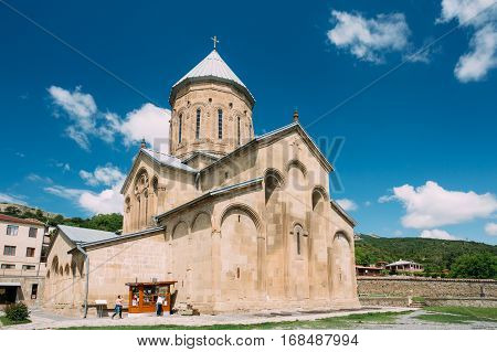 Mtskheta, Georgia - May 20, 2016: The View Of Samtavro Transfiguration Orthodox Church The Part Of Samtavro Monastery Complex With Nunnery Of St. Nina In Sunny Day Under Blue Sky.