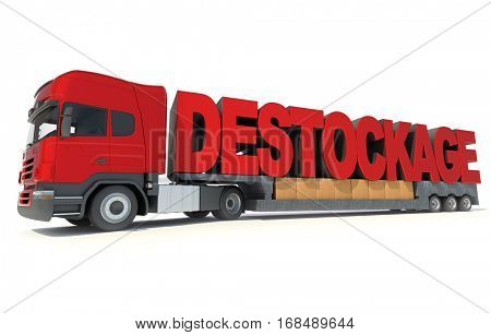 3D rendering Long trailer truck carrying the letters forming the French word sales clearence