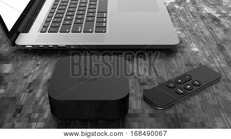 Digital media player device with remote touch controller. 3d rendering.