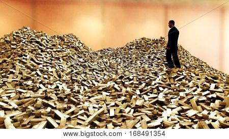 Man on pile of gold bars. business concept. 3d rendering
