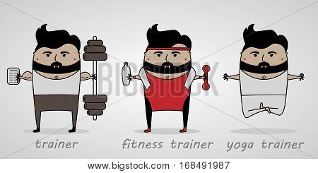 vector illustration cartoon man with beard in gym fitness and yoga trainer