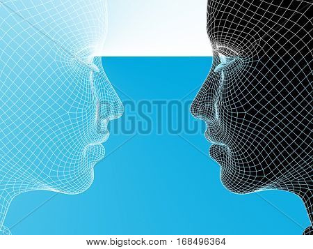 Concept or conceptual 3D illustration wireframe young human female or woman face or head on blue background for technology, cyborg, digital, virtual, avatar, model, science, love relation or future