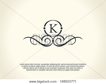 Calligraphic Luxury line logo. Flourishes elegant emblem monogram. Royal vintage divider design. Black symbol decor for menu card, invitation label, Restaurant, Cafe, Hotel. Vector line letter K