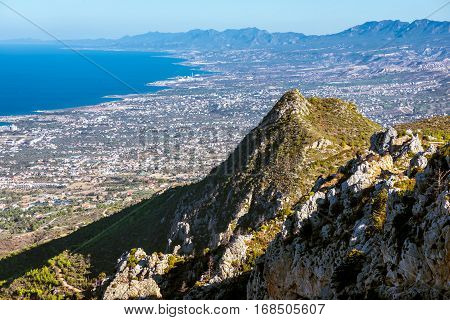 View of the north coast from the ruins of St Hilarion Castle. Kyrenia District Cyprus.