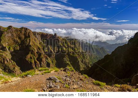 Hiking Pico do Arierio and Pico Ruivo - Madeira Portugal - travel background