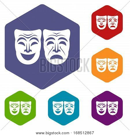 Happy and sad mask icons set rhombus in different colors isolated on white background