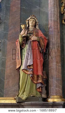 KRAPINA, CROATIA - APRIL 21: Saint Barbara statue at the altar in the church of Saint Catherine of Alexandria in Krapina, Croatia on April 21, 2016.