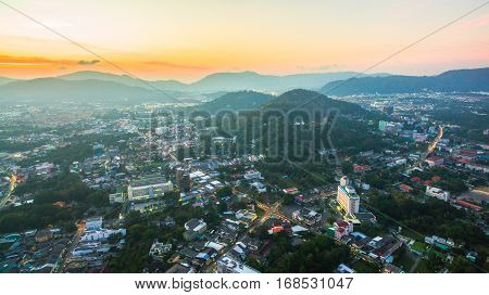 aerial photography Phuket city. Mongkolnimit temple is in the middle Phuket town locate is on Debuk road next to Talang road.this temple is very important for people in town.