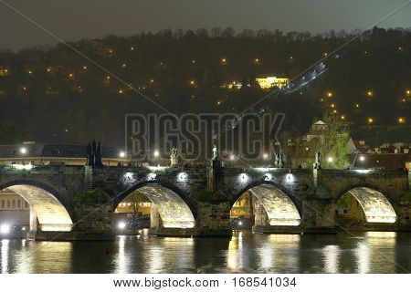 Prague, Czechia - November, 21, 2016: Panorama of an old Prague, bridge and embankment of Vitava river, Czechia