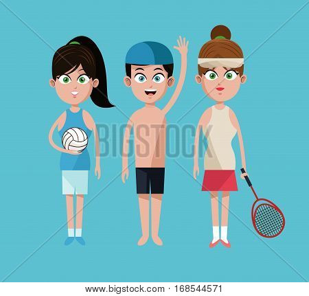 three sport people tennis volleyball and swimming vector illustration eps 10
