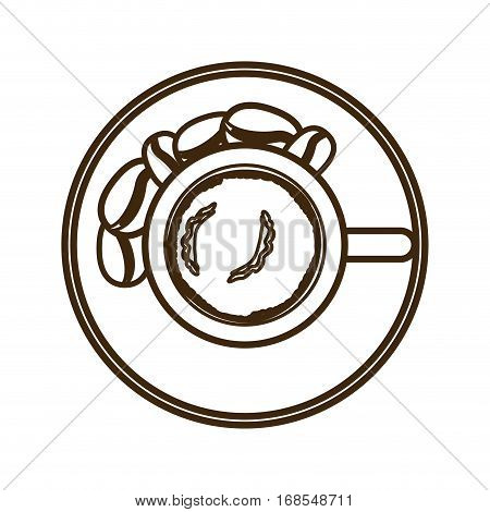 monochrome round contour with coffee cup top view and cofee beans vector illustration