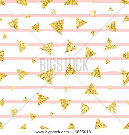 Shining golden foil triangle glitter on white seamless vector design pattern. Striped pink sparkling Christmas celebration print