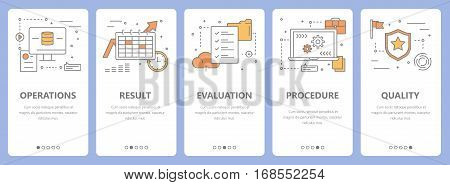 Vector set of audit concept vertical banners. Operations, result, evaluation, procedure and quality concept elements. Thin line flat design symbols, icons for website menu, print.