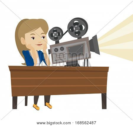 Woman sitting at the table with film projector in the room of projectionist. Projectionist showing new film. Young projectionist at work. Vector flat design illustration isolated on white background.