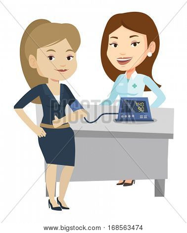 Caucasain woman checking blood pressure with digital blood pressure meter. Woman giving thumb up while doctor measuring her blood pressure. Vector flat design illustration isolated on white background