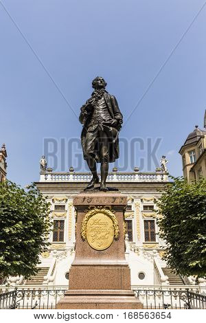 Statue of Johann Wolfgang Goethe at the Naschmarkt in Leipzig Germany
