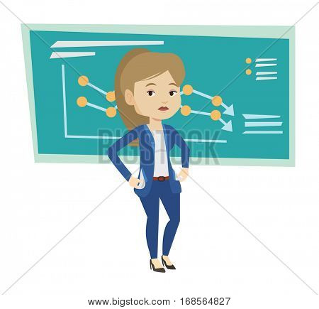 Bankrupt showing her empty pockets on the background of decreasing chart. Bankrupt turning empty pockets inside out. Bankruptcy concept. Vector flat design illustration isolated on white background.