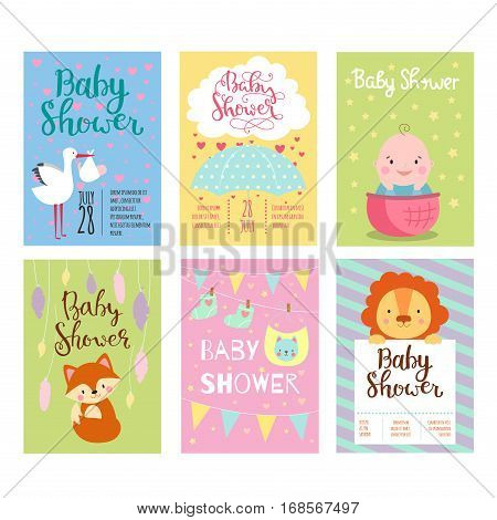 Baby shower design with cute woodland animals born arrival vector graphic. Party template vintage cute birth invitation. Welcome greeting card decoration celebration.