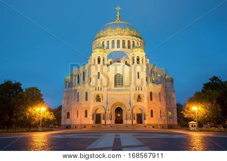 The Naval Cathedral of St. Nicholas in Anchor square white night. Kronshtadt, Russia